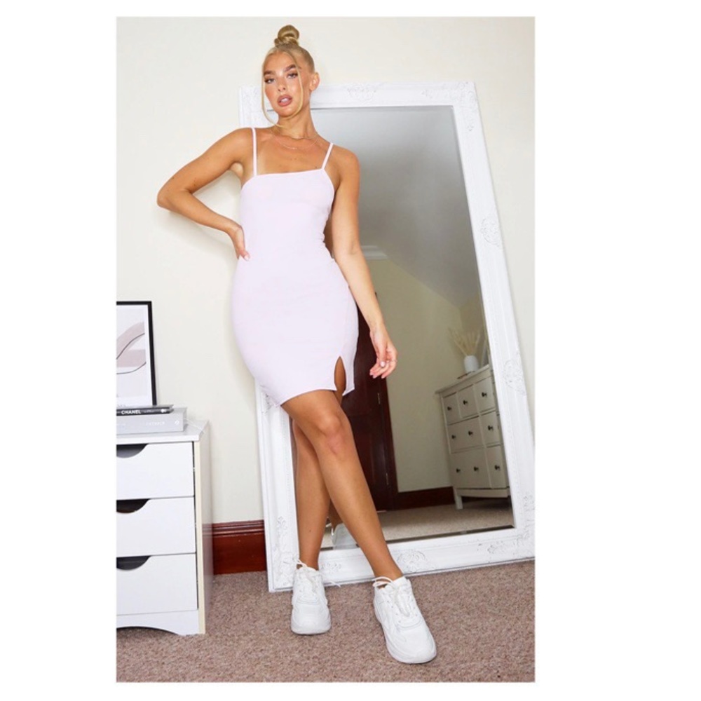 lilac asymmetrical split hem strappy bodycon dress